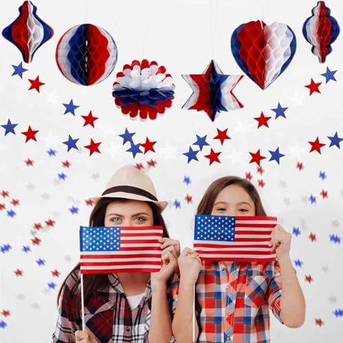 4th of July Decor - Independence Day Honeycomb Pendant Decor Red Blue and White Paper Fans Poms for Fourth of July Patriotic Decorations Wedding Graduation Independence Day 6 Count