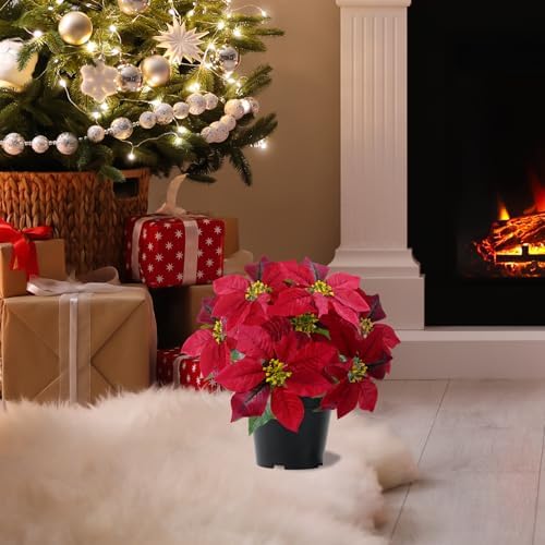 Artificial Poinsettia Plants Fake Christmas Flowers in Pot(Hot Red)