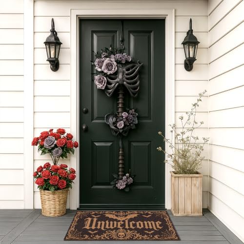 Halloween Front Door Mat Gothic Bat Skull Doormat with Unwelcome Design