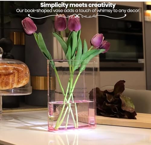 Alpharan Pink Book Vase, Acrylic Clear Book-Shaped Flower Vase