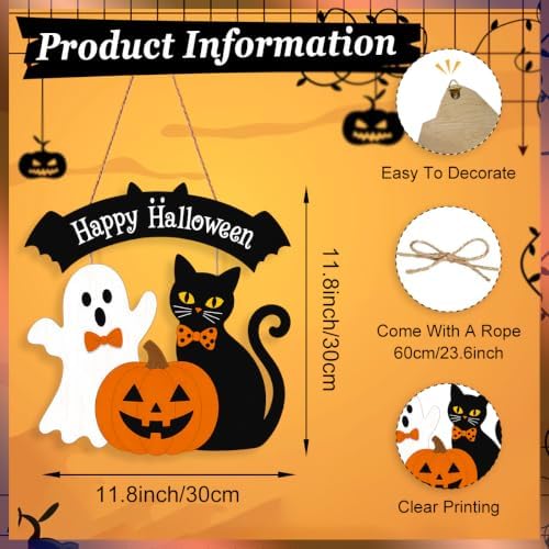 Halloween Welcome Wreath for Front Door Wooden Ghost Black Cat Door Decor
