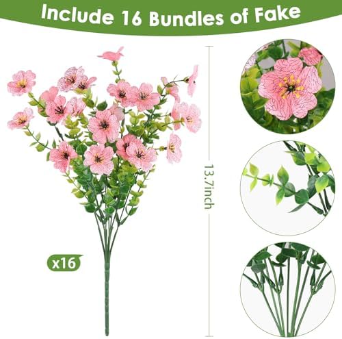 16PCS Artificial Pink Flowers for Outdoors, Fake Silk Pink Flowers