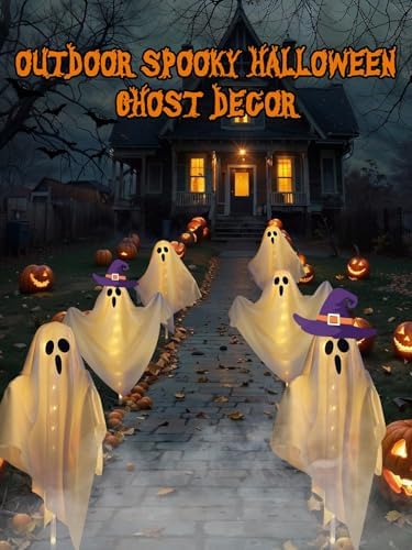 6-Pack Solar Powered Ghost Halloween Decorations Outdoor, Auto On/Off, Ghost Path Lights for Scary Party Yard Garden Lawn Holiday Decor(Warm White)