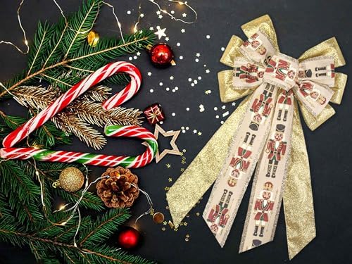 Estivaux Large Christmas Bows for Wreath, Christmas Wreath Bow Golden Natural Burlap Ribbons Xmas Tree Topper Bows for Front Door Party Decorations