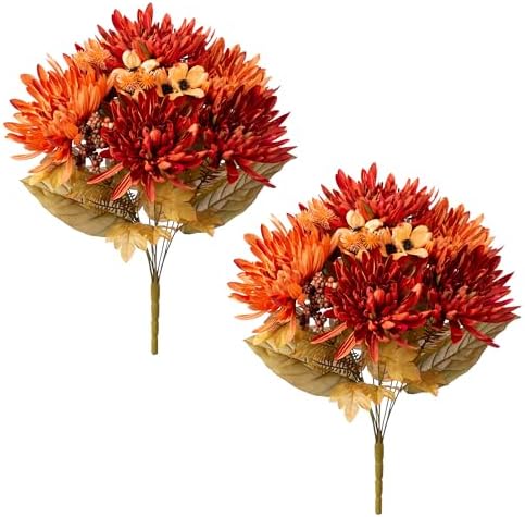 Ivydale Artificial Mums for Outdoors Fall Fake Flowers for Planters, 2 Bundles Faux Silk Chrysanthemum Bouquets, 24 Heads Flower with Long Stems for Wedding Party Home Decor