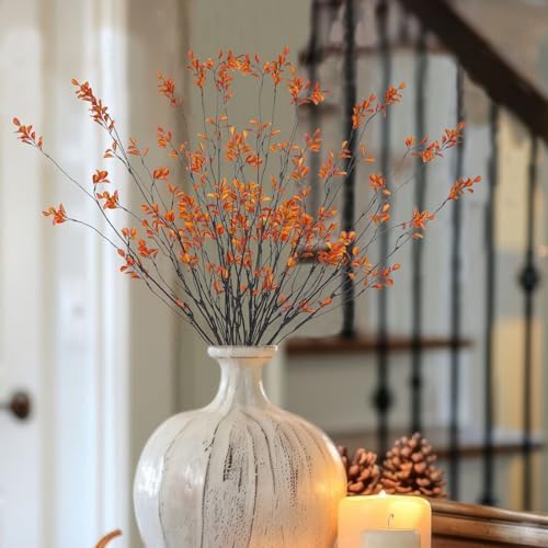 4 Pcs Artificial Greenery Stems Plants 35.4" Faux Branches for Vase Filler Fake Ficus Twig Plants Orange Leaves for Home Office Party Wedding Shop Autumn Fall Decoration