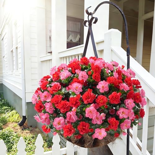 Artificial Faux Outdoor Flowers Plants for Spring Summer Decoration, Fake Silk Camellia UV Resistant Look Real for Planter Outside Front Door Porch Patio Balcony, 3 Large Bundles (Melon Red+Red)