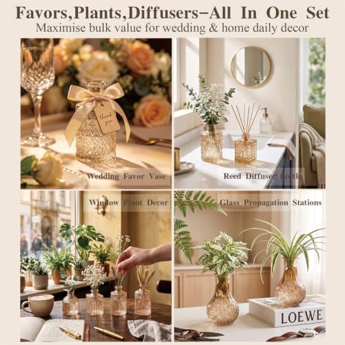 Clear Amber Gold Glass Bud Vase Set of 12 Pcs,Small Bud Vases in Bulk,Glass Crystal Flower Vases Table Centerpieces for Party Event Wedding Decor Baby Shower Decorations (Amber Gold, 12 Pcs)