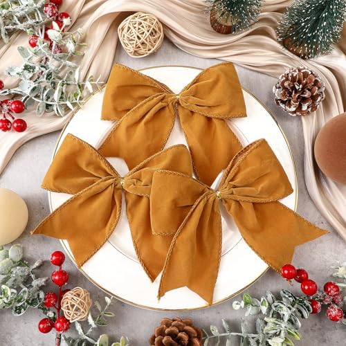 Janinka 12 Pcs 6 Inch Christmas Velvet Bows for Wreath Decoration, Khaki