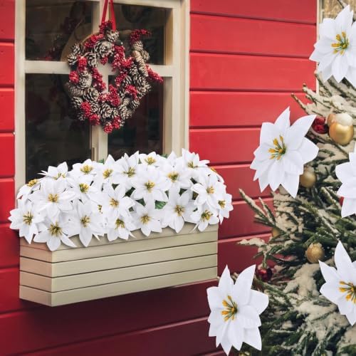 9 Pack Christmas Artificial Poinsettia Flowers 7 Heads White Flower
