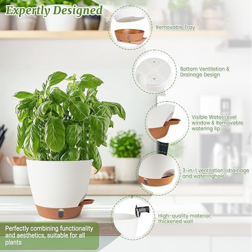 2 Pack 8 Inch Pots for Plants Indoor, Plastic Self Watering Planters