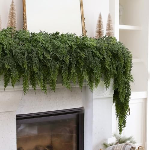 2PCS 6FT Christmas Cedar Garland with 160 Pine Branches, Realistic Faux Garland Artificial Greenery for Fireplace, Table, Mantle, Wall, Indoor, Outdoor,Home Decorations