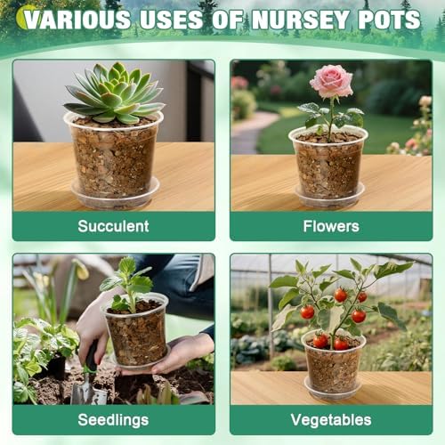 RAOOKIF 10/8/6/5 Inch Clear Nursery Pots with Drainage Hole and Saucers, 12 Pack Large Nursery Pots for Plants for Indoor Outdoor, Plastic Clear Plant Pots for Flowers, Succulents, Vegetables