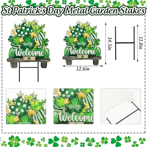 JarThenaAMCS St. Patrick' s Day Metal Garden Stake Welcome Yard Sign Green Shamrock Clover Truck Decorative Lawn Sign for Irish Holiday Home Outside Lawn Porch Walkway Pathway
