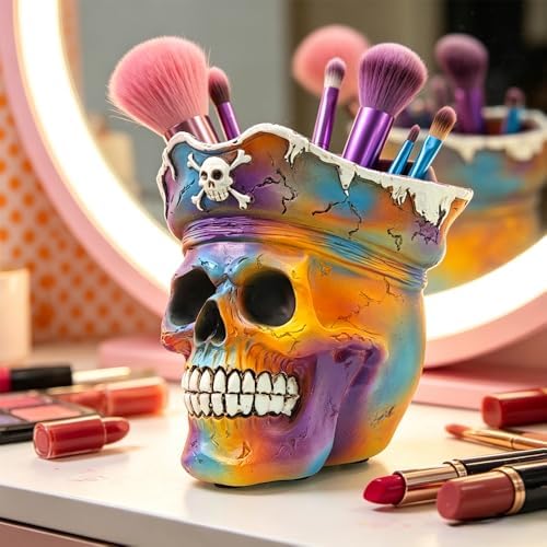 Funky Iridescent Skull Planter, Rainbow Pirate Skeleton Flower Pot for Plant Lover Gift, Small Decorative Psychedelic Figurine for Trippy Room Shelf Desk Boho/ Pop Art/ Streetwear/ Dark Academia Decor
