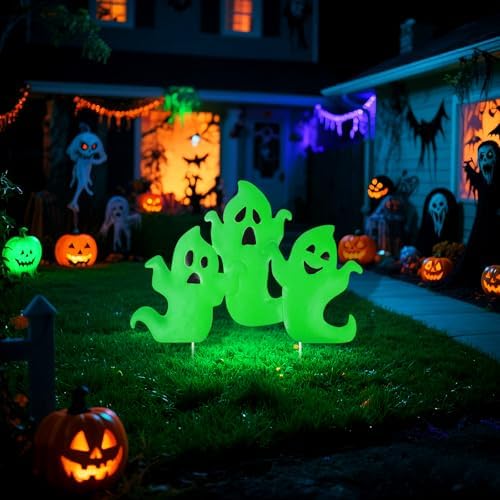 YiYa Halloween Garden Decorations Metal Halloween Ghost Yard Signs with Stake Metal Ghost Stakes with Glow in The Dark for Outdoor Lawn Decor Yard Garden Decor