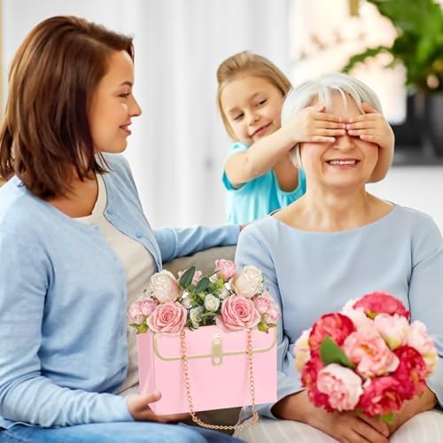 Ubamdom 15 Pcs Flower Paper Gift Box Bouquet Storage Bucket Handbag with Metal Chain Flower Boxes for Arrangements Wedding Valentine's Mother's Day Birthday Bridal Showe