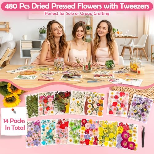 481 PCS Pressed Flowers for Crafts, Real Dried Pressed Flowers Nature Dry Flower Leaves Bulk for Resin Jewelry Making Scrapbooking Candle Soap Making Nails Frame Décor
