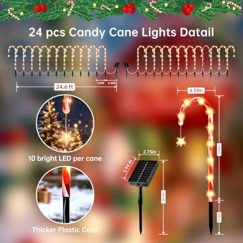 24 Pack Solar Candy Cane Lights Outdoor, Warm White Solar Christmas Lights