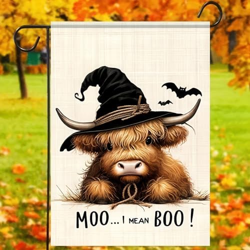 BlissYard Halloween Garden Flag Witch Highland Cow 12 x 18 Inch