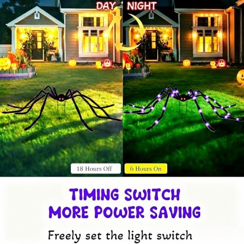 Giant 6.7 FT(Wide) Light-Up Halloween Spider with 9'' Metal Stand, 28 Eerie Purple LED Lights & 8 Modes, Large Spooky Spider Outdoor Decorations for Yard, Lawn, Porch, Haunted House Theme Party