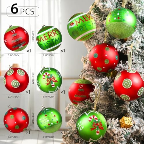 Lanpn 6Pcs 4" Large Outdoor Christmas Ornaments, Xmas Tree Elf Swirl Ball Decoration, Big Red Green Christmas Ornament, Giant Glittering String Ball Plastic Hanging Decor for Lawn Yard Holiday Party