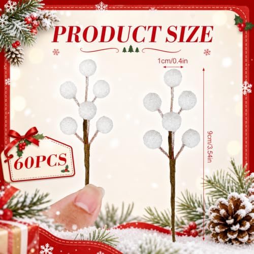 Tatuo 360 Pcs Glitter Ivory Holly Berries on 60 Stems, Christmas Winter
