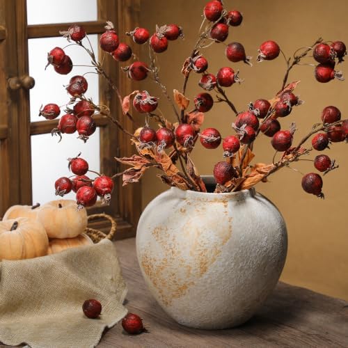 Wavwavw 6 Pcs Artificial Fall Rose Hip Stem 21" Faux Dried Berry Branch