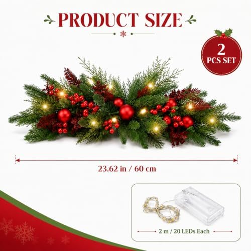 Yalikop 2 Pcs 24.5 Inch Christmas Swags with Light, Ball and Berry