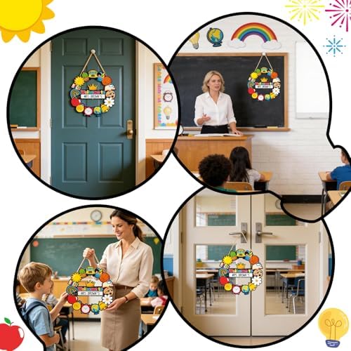 Welcome Sign for Classroom Door Decor Personalized Teacher Door Sign Name Wreath Welcome to Our Classroom Hanging Sign Back to School Hollow Hanger for Front Door School Teacher Supplies