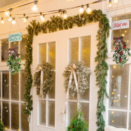 AceOrbit 2 Set 13.4'' Large Christmas Mistletoe Decor Wooden Sign for Christmas Kiss Ornament You Know What to Do Giant Artificial Mistletoe Hanging for Home Xmas Holiday Farmhouse Decoration