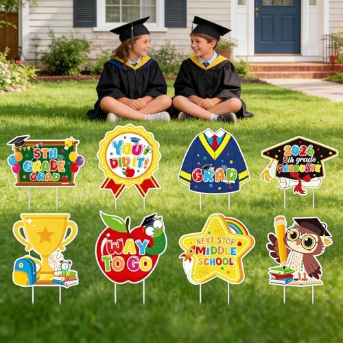 Rngmsi 5th Grade Graduation Yard Signs, 5th Grade Graduation Garden Yard Sign with Stakes, Congrats Fifth Graduation Outdoor Decor for Lawn Garden Grad Party Supplies (8PCS)