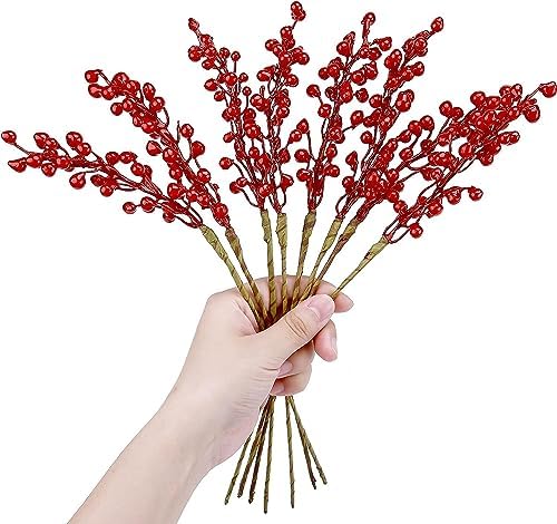 GREENTIME 8 Pack Artificial Red Berry Stems for Christmas Tree Decorations