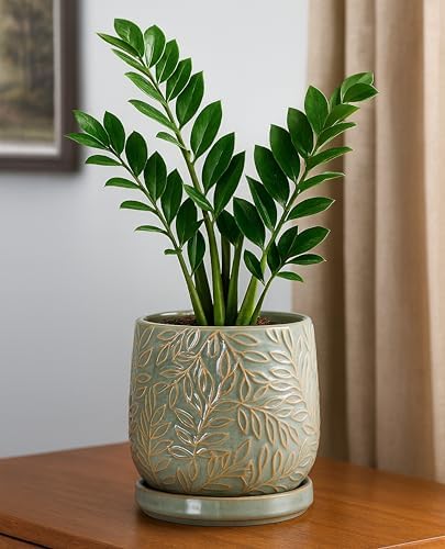 D'vine Dev Embossed Leaves Ceramic Planter, 6 in, Olive, 27-A-X-0