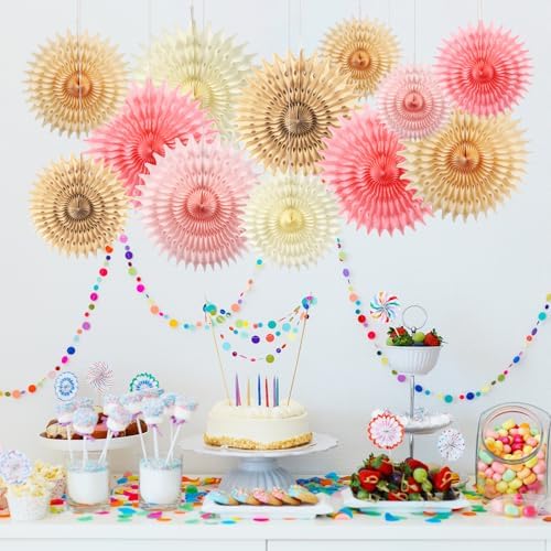 12PCS Paper Fans Champagne Gold Beige Boho Party Decorations Tissue Paper Flowers Decorations for Girl Groovy Birthday Baby Shower Wedding Bachelorette Room Wall Hanging Décor