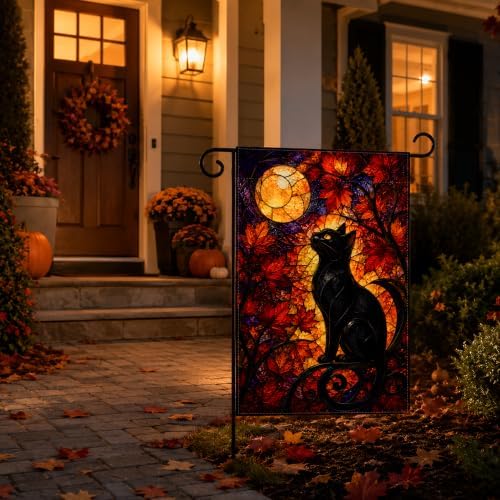 Fall Decor - Stained Glass Black Cat Moon Fall Thanksgiving Garden Flag