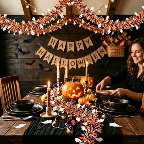 FOIMAS 33FT Halloween Tinsel Garland, Ghost Tinsel Garland Twist Hanging Garland Decorations for Halloween Party Home Mantle Stairs Fireplace Tree Indoor Outdoor