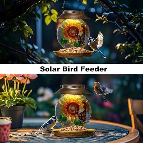 Solar Bird Feeders for Outdoors Hanging, Solar Sunflower Bird Feeder with Led Light Waterproof Metal Birdfeeders Outside Hanging Decorative for Outdoor Garden Yard Patio Backyard