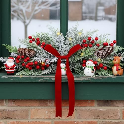 Giegxin 24 Inch Christmas Swags with LED Light Artificial Frosted Cedar Swag Decoration with Red Bow Red Berries and Pine Cones for Front Door Window Stair Fireplace Mantle Holiday Xmas Decor