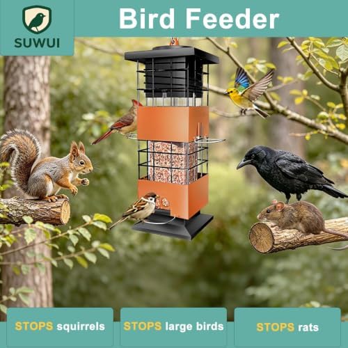 Squirrel Proof Bird Feeder, 3.5Lb Capacity Metal Bird Feeders for Outdoors Hanging, All-Weather Weight Activated Tube BirdFeeder with 4 Ports for Outside,Pigeon Resistant,Easy to Clean & Refill(Brown)