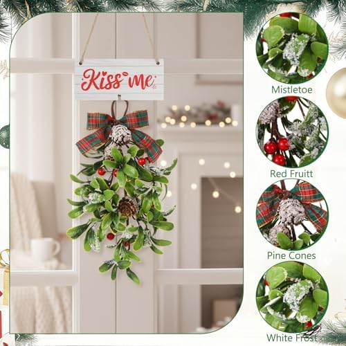 AceOrbit 2 Set 13.4'' Large Christmas Mistletoe Decor Wooden Sign for Christmas Kiss Ornament You Know What to Do Giant Artificial Mistletoe Hanging for Home Xmas Holiday Farmhouse Decoration