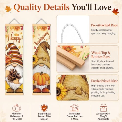 Happy Thanksgiving Gnome Door Banner Set of 2, Pumpkin Porch Decor for Home