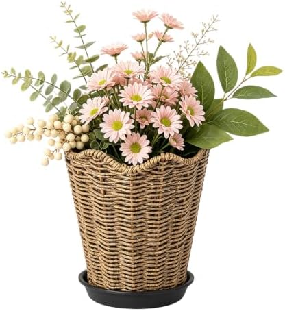 Rattan Planter, Woven Planter Basket for Plants Indoor Outdoor, Rattan Flower Pot, Decorative Plant Holder Basket for Garden Patio Boho Home Decor (Brown&with Base-8.66" H x 7.48" W)