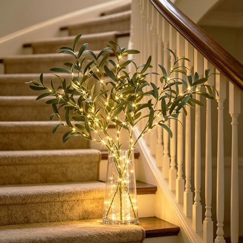 Hairui Lighted Olive Branches with Timer 24IN 72LED Battery Operated, Artificial Greenery Olive Tree Branch with Fairy Lights for Wedding Christmas Home Indoor Outdoor Decoration