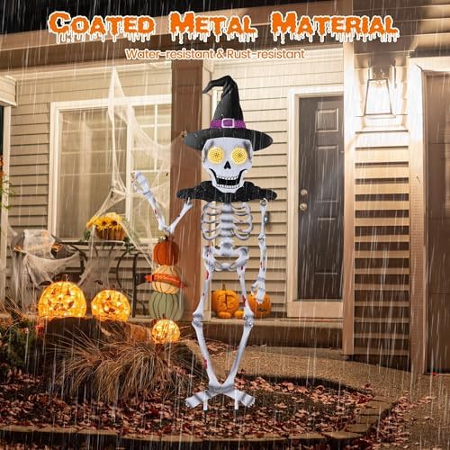 35.5" Metal Halloween Skeleton Yard Signs with Stakes Moving Solar-powered LED Eyes Halloween Outdoor Decorations Full Body Human Skeleton Garden Signs for Garden, Lawn, Patio Decor