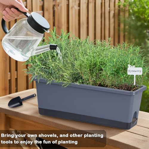 Window Box Planter 4 Packs, 17 Inches Rectangle Flower Pots with Drainage Holes & Trays, Pots for Vegetables, Herbs, Flowers, Garden Windowsill Balcony (Grey, 17 * 5.1 * 6 inch)