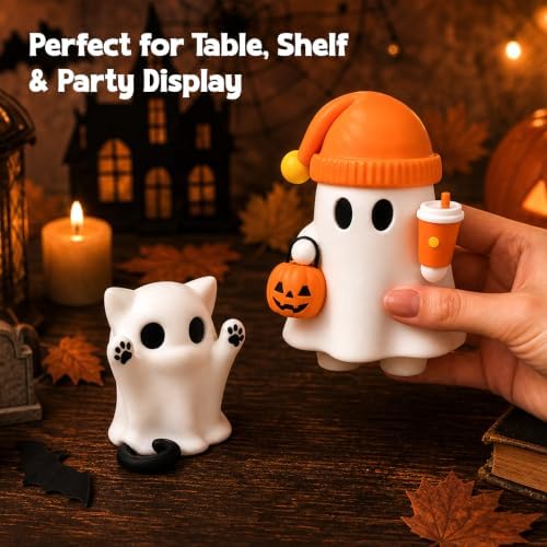 Cute Cat Halloween Ghost Figurine with Pumpkin Bucket and Orange Drink