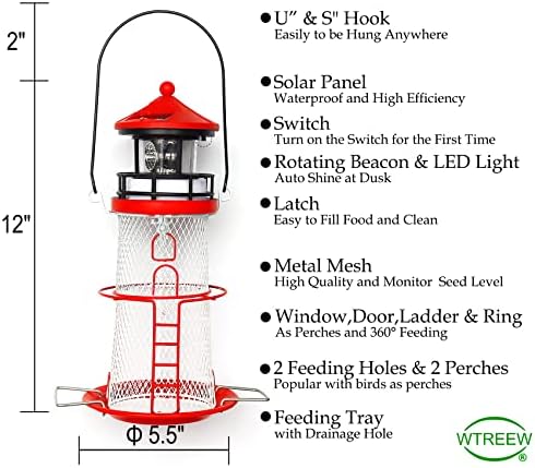 Solar Lighthouse Bird Feeder with Rotating Beacon - 14" Hanging Best Birdfeeder Gifts for Bird Lovers(Apple Red).