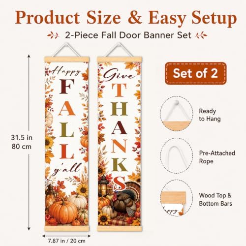 Happy Fall Door Banner Set of 2, Give Thanks Turkey Porch Decor for Home
