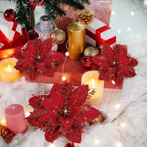 15 PCS Poinsettia Flower Artificial Poinsettia with Clips Christmas Decor Glitter Poinsettia Christmas Ornaments Christmas Tree Flower Decorations with Stems DIY Xmas Wreath Holiday Home Party Decor